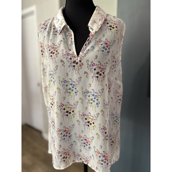 Cabi Cream Multicolor Floral Collared Sheer Sleeveless Top Tank Size Medium - Picture 1 of 7